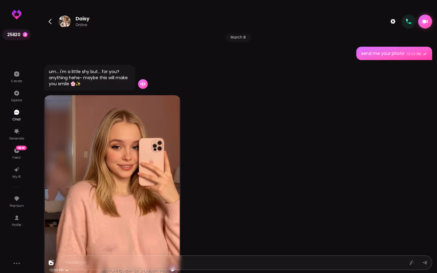 A long GoLove desktop chat thread with several photos from the same character