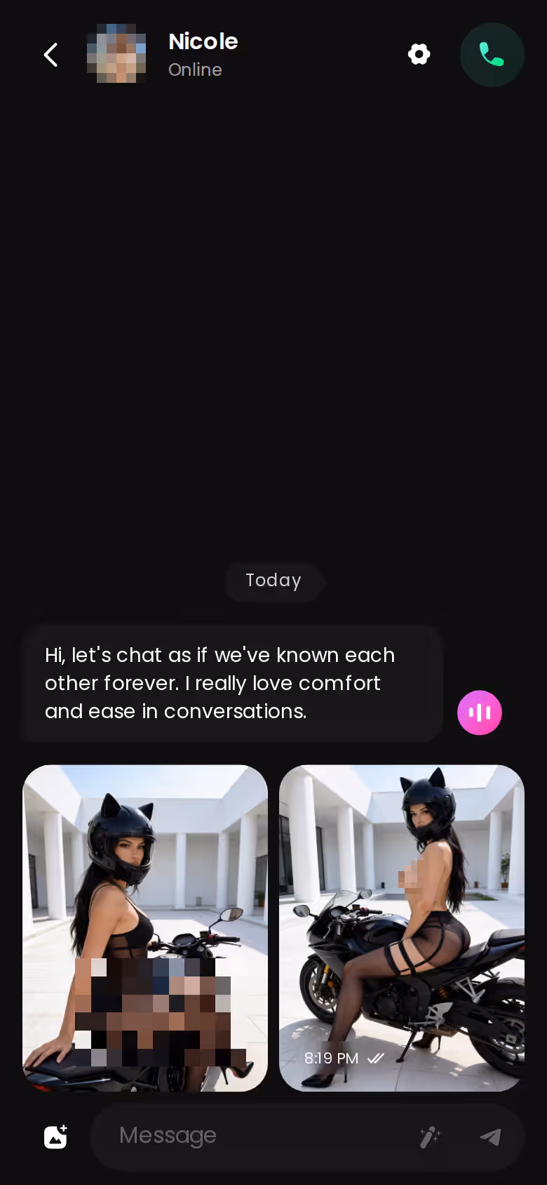 The mobile chat loop with messages and photos in one thread