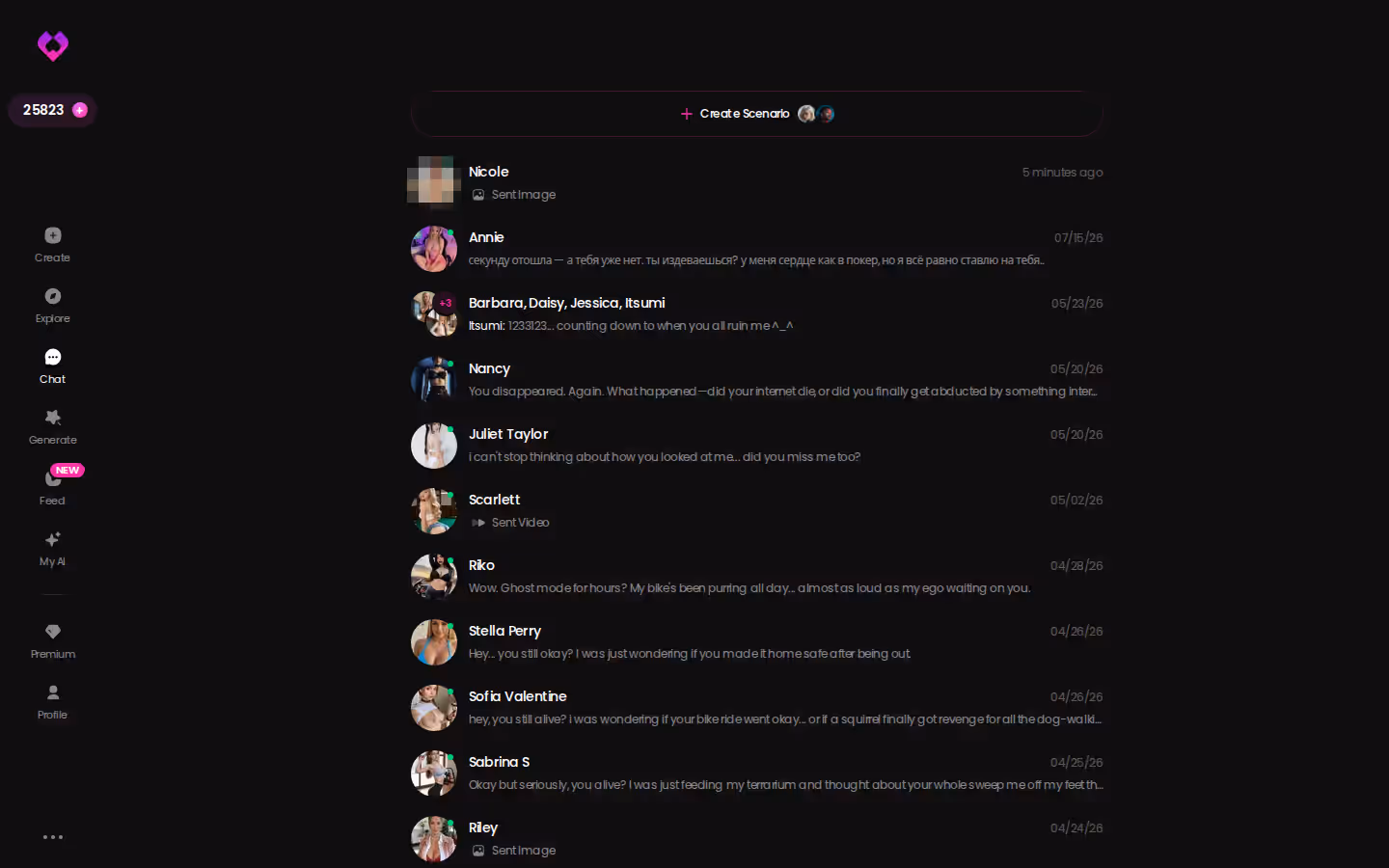 GoLove chats inbox on desktop with several character conversations lined up