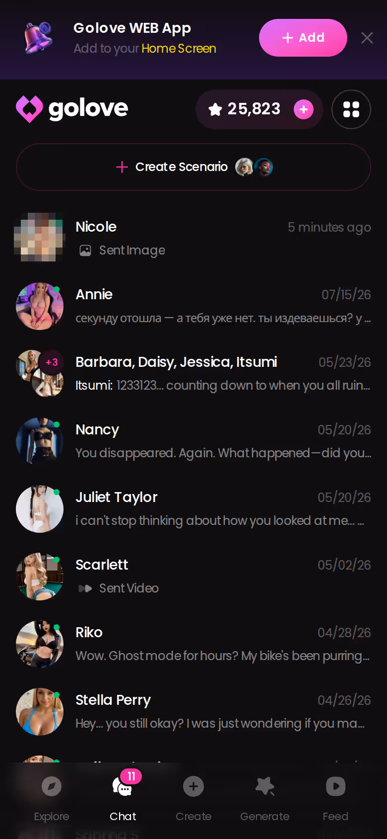 GoLove chats list on mobile collecting every character you've messaged
