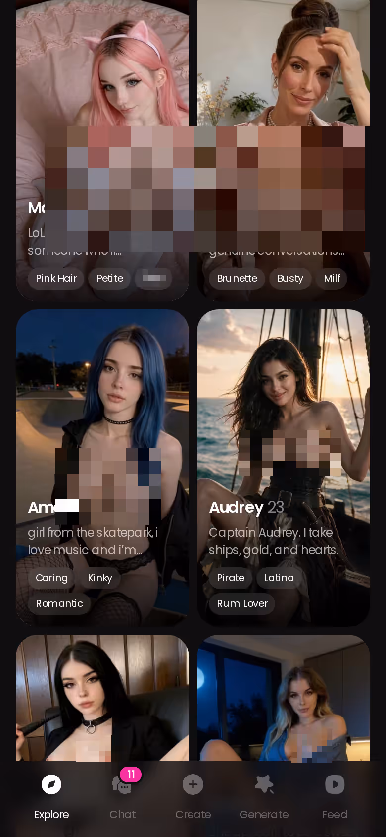 More of the mobile GoLove.ai Explore character grid — spicy drama