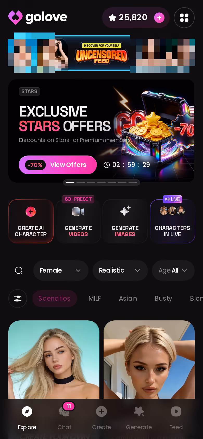 GoLove Explore screen on mobile showing realistic AI characters, the cast pool behind the Series