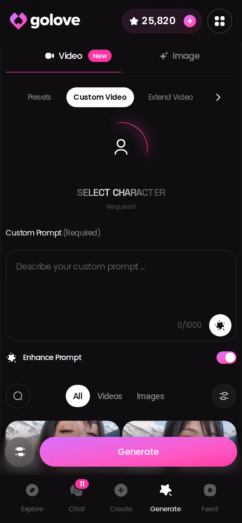 GoLove Generate screen on mobile with the Custom Video option for a series character