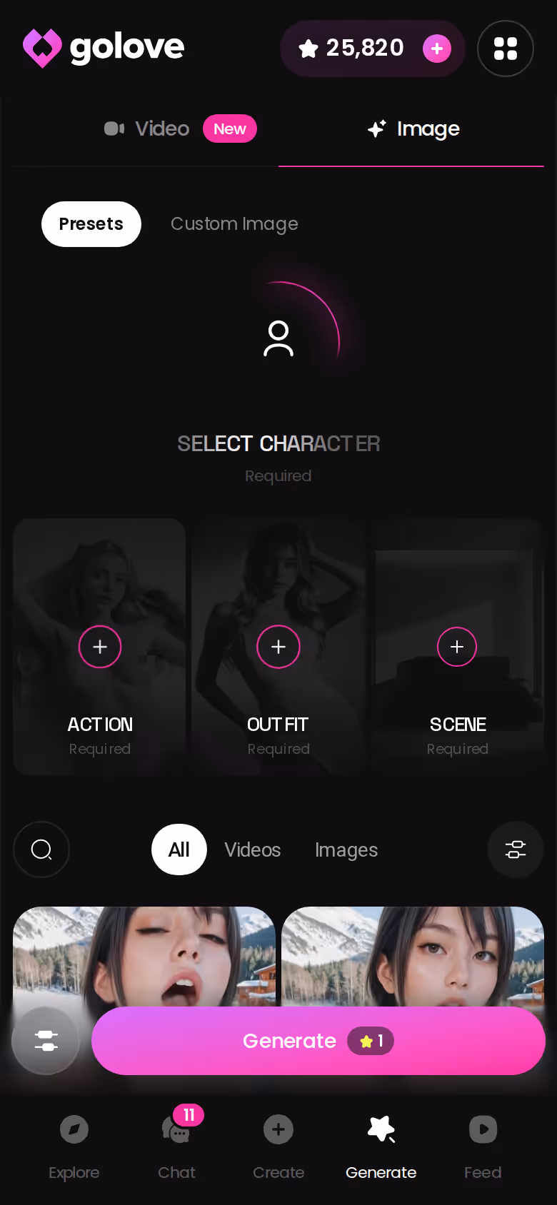 GoLove image generator on mobile, where Stars are spent
