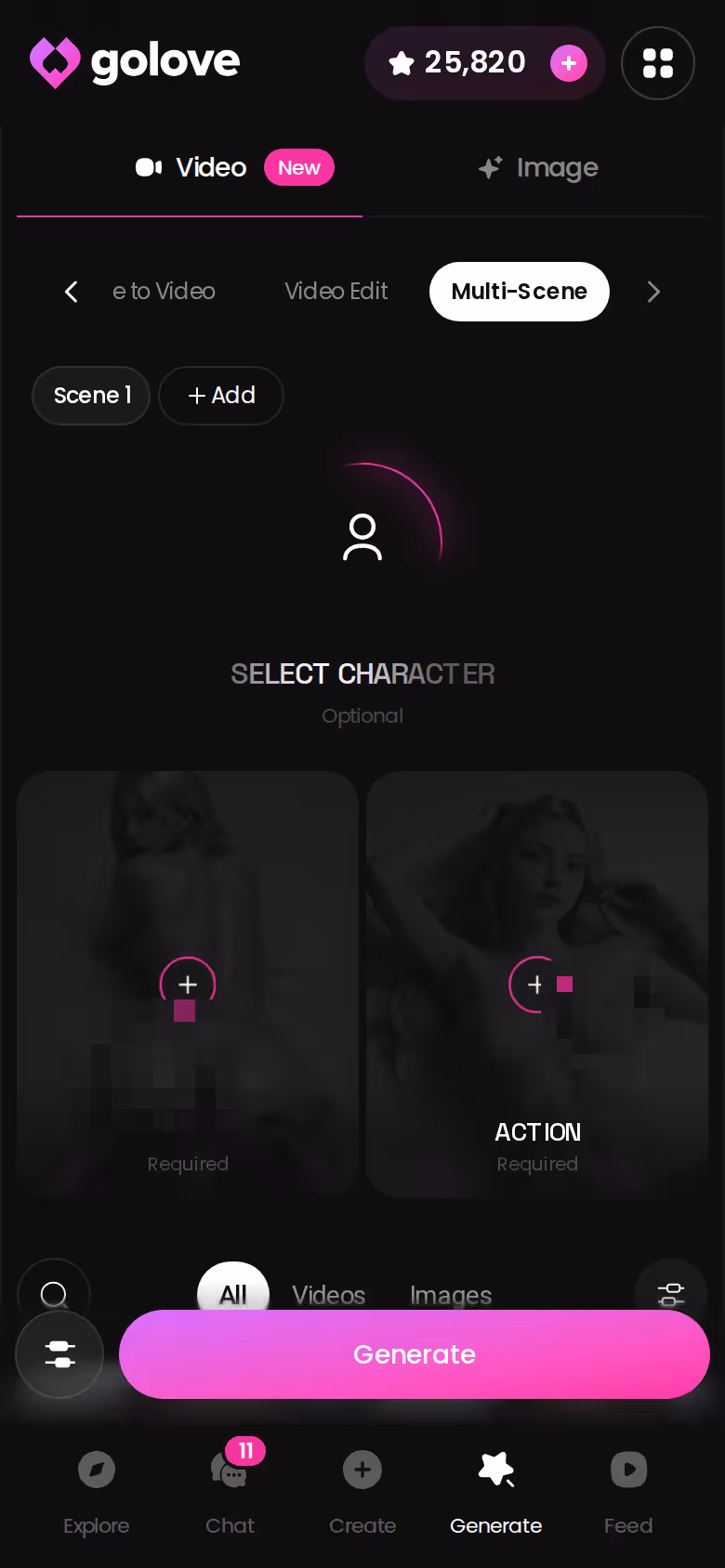 GoLove's Multi-Scene video generator on mobile with a series character selected